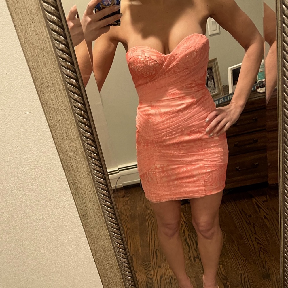 Pink romance strapless lace cocktail dress by Bebe, size XXS